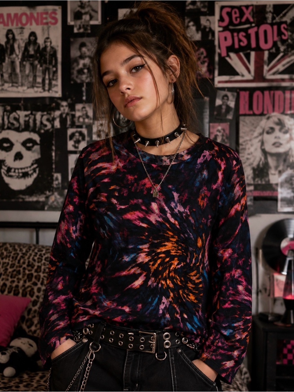 Juicy Couture Black Tie-Dye Spiral Long-Sleeve Top